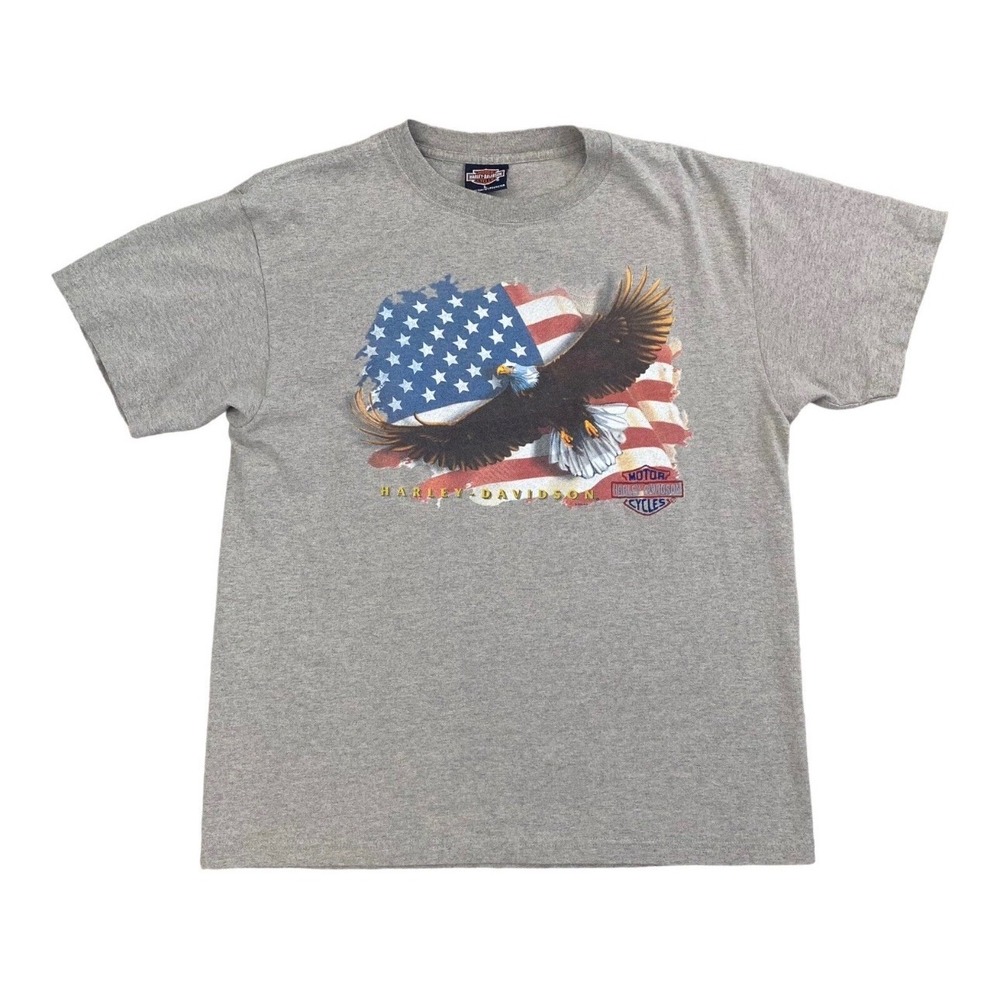 Vtg 2000 Harley Davidson T-Shirt Men L Myrtle Beach Eagle Flag State Sunset Gray